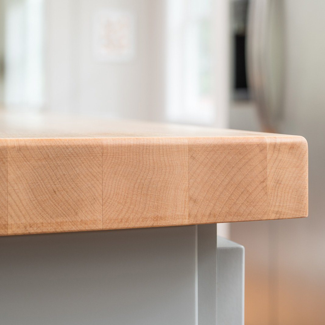 Close up showing the corner of one of our finished Maple butcher block countertops.