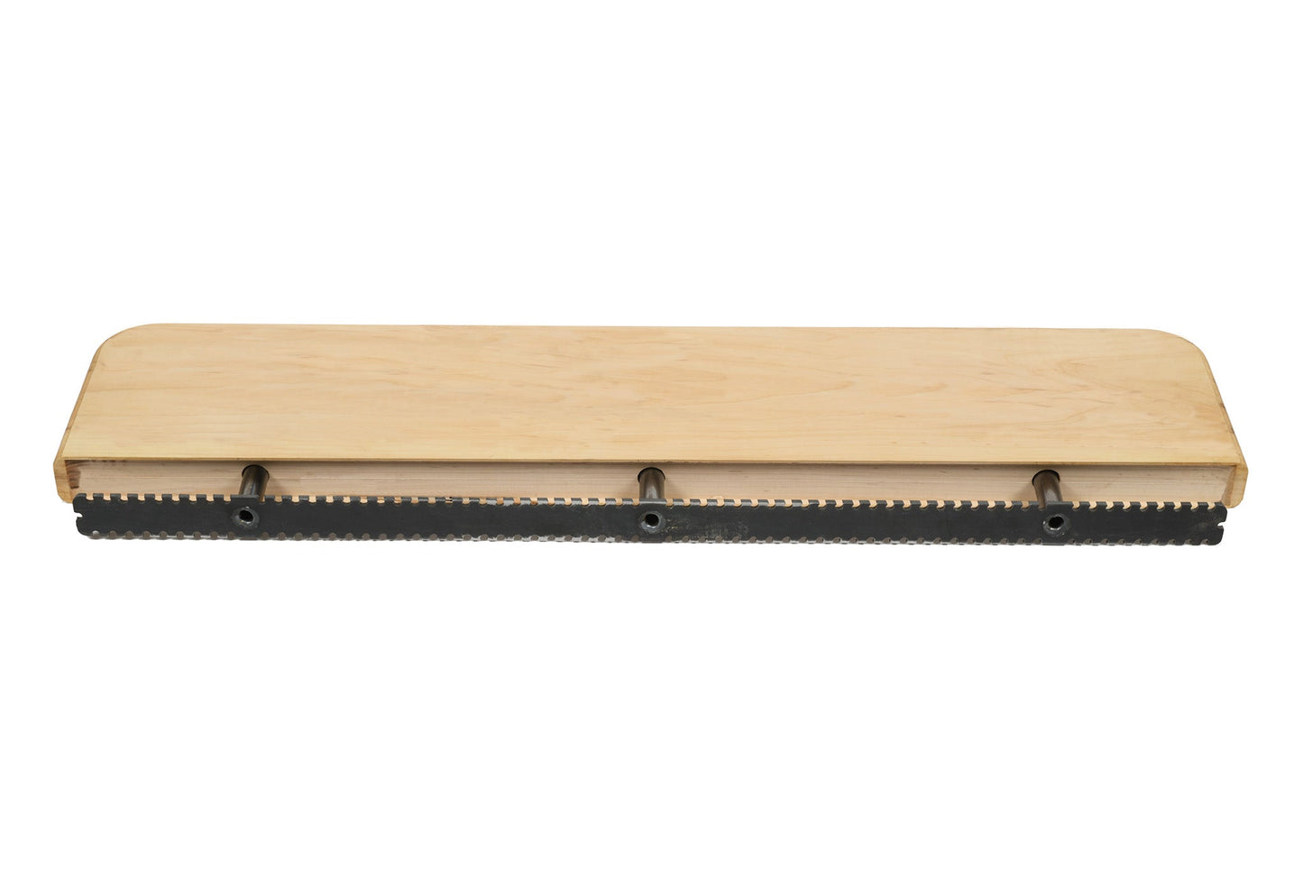 Rear view of maple floating shelf with hidden bracket partially inserted. Ridges along top and bottom are for locating support screws to line up with wall studs. Image shows rounded corners, which are available for an additional cost.
