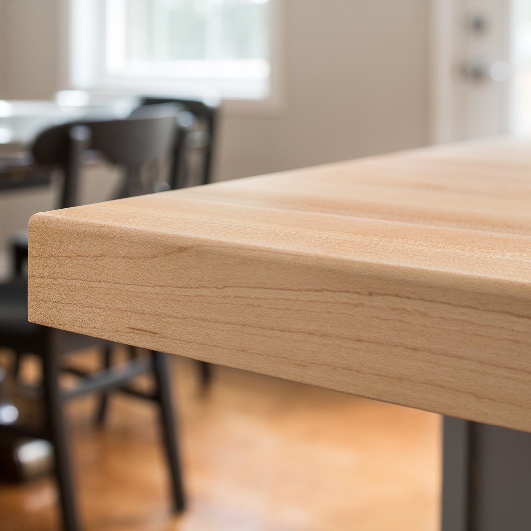 Close up showing the corner of one of our finished Maple butcher block countertops.